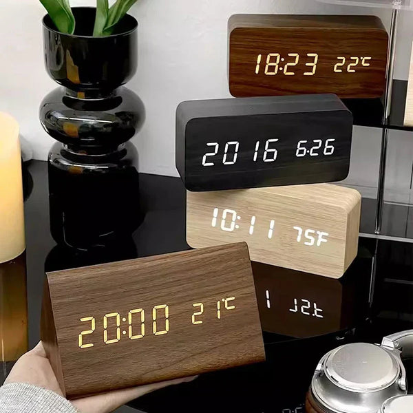 Wooden LED Clock - Tempura - Digital Alarm Display - Adjustable Brightness