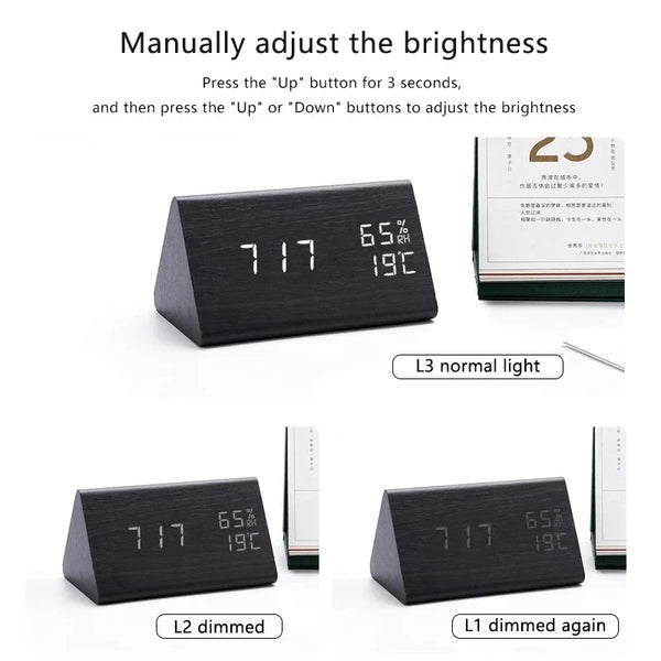 Wooden LED Clock - Tempura - Digital Alarm Display - Adjustable Brightness