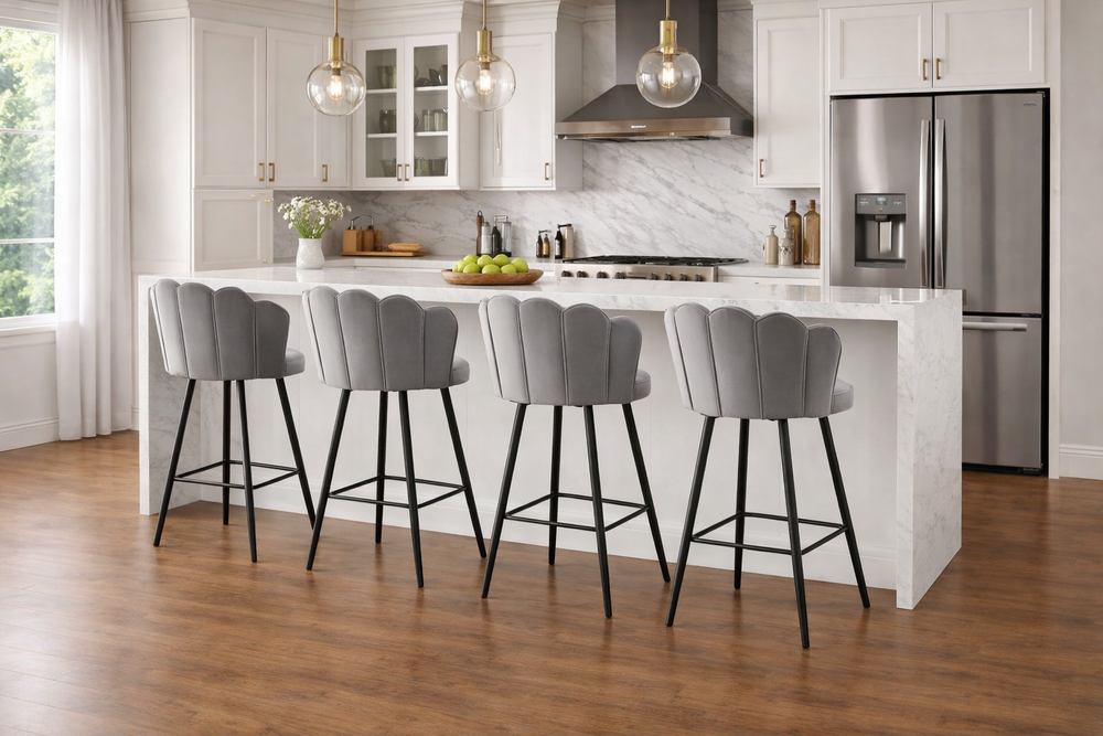 Bar Stools Set of 4 | Velvet-Feel Lotus Back