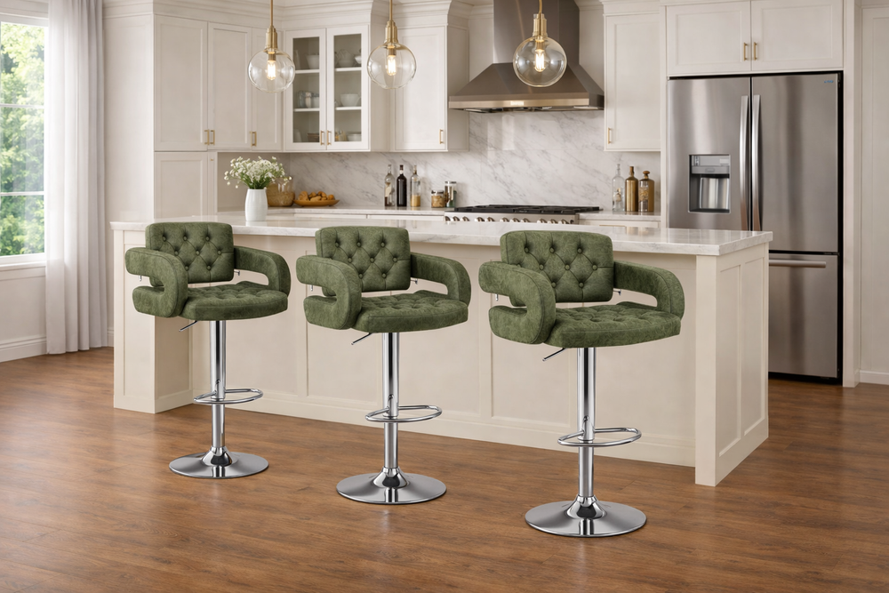 PU Leather Swivel Bar Stool | Set of 3 | Adjustable Height | Green