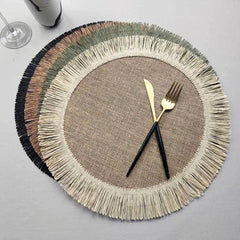 Eco-Friendly Round Placemats | Linen Table Mats with Fringe Design for Heat Insulation 0