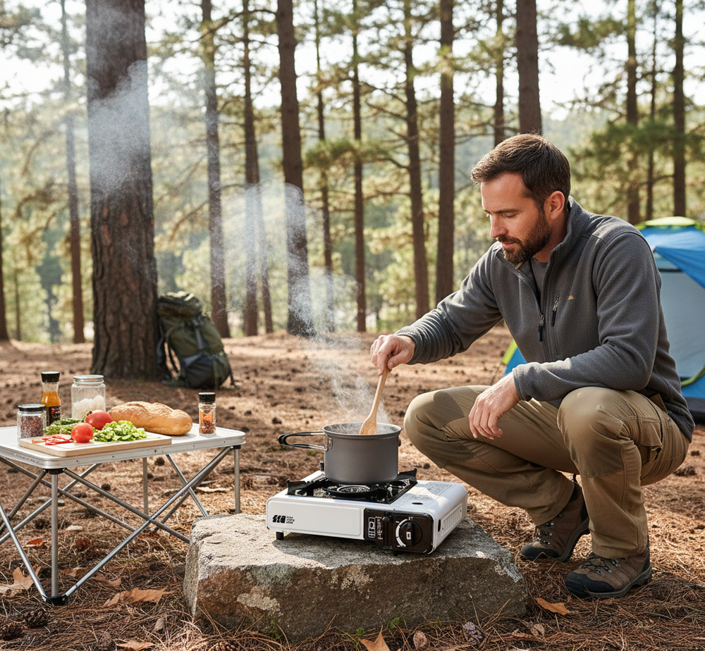Estufa de Camping Portátil de Gas Butano | Cocina Exterior de Una Pieza con Anillo Cortavientos | Incluye Caja de Almacenamiento y Bandeja para Hornear