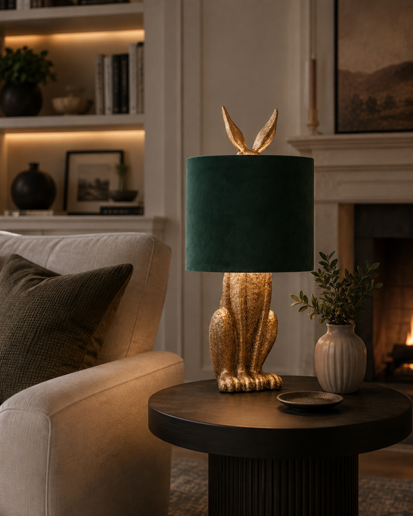 Gilded Hare | Antique Gold Table Lamp with Green Velvet Shade