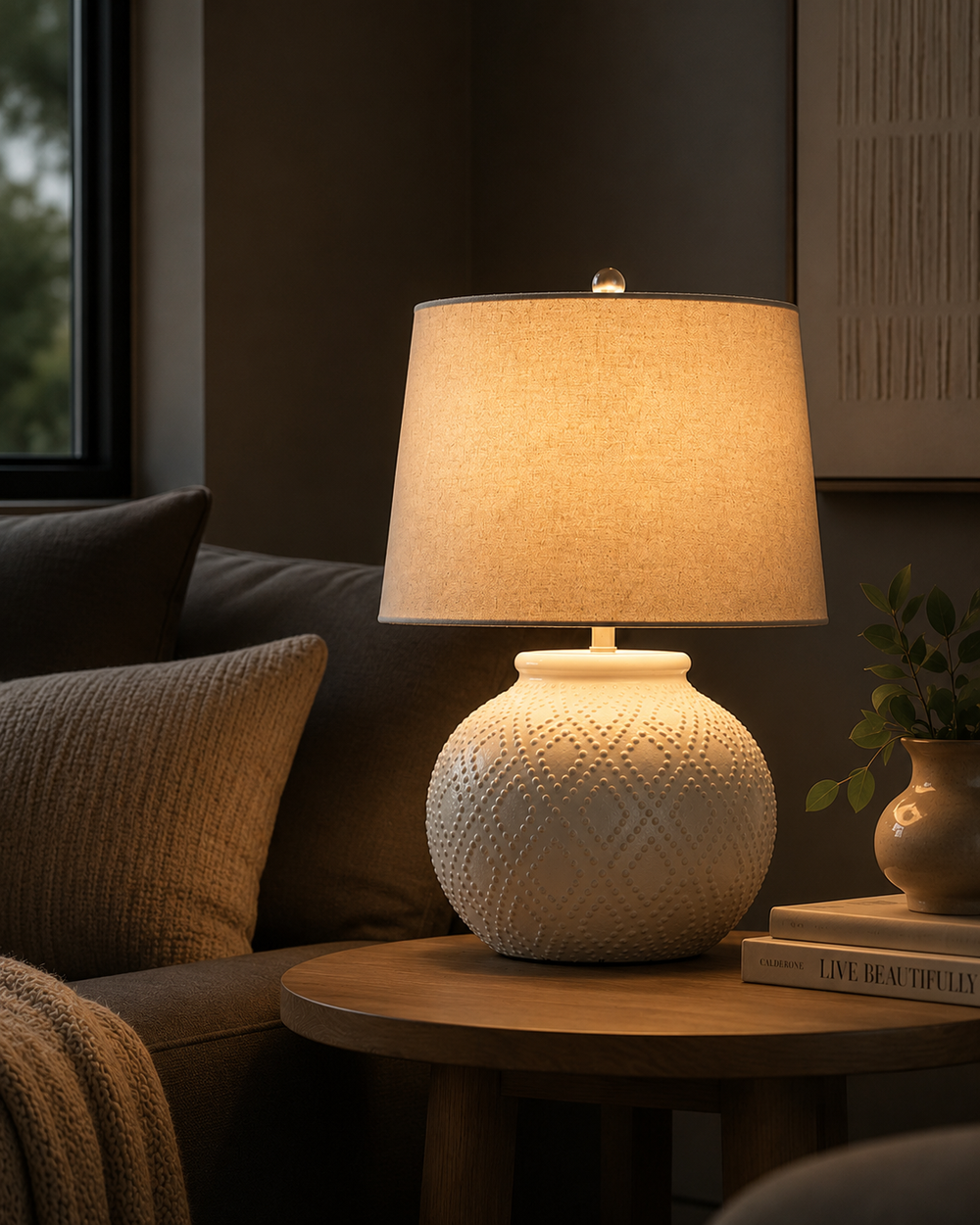 Pearl Cove | Beaded Ceramic Table Lamp with Linen Shade