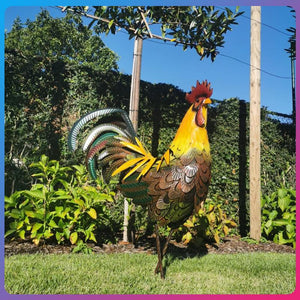 Metal Garden Statue - Solara - Vibrant Rooster Sculpture - Outdoor Decor