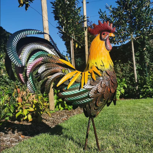 Metal Garden Statue - Solara - Vibrant Rooster Sculpture - Outdoor Decor