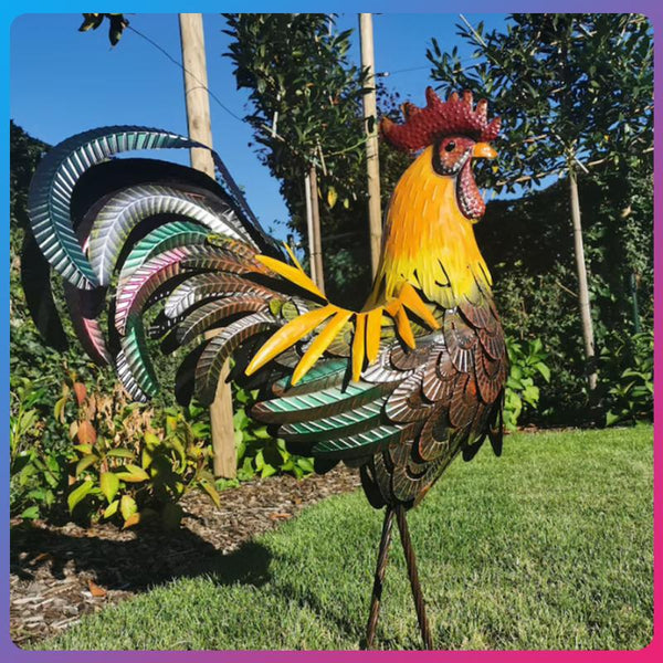 Metal Garden Statue - Solara - Vibrant Rooster Sculpture - Outdoor Decor