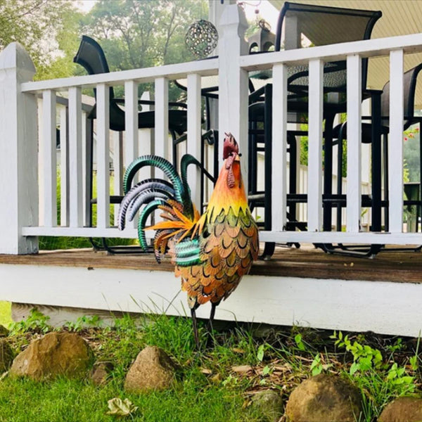 Metal Garden Statue - Solara - Vibrant Rooster Sculpture - Outdoor Decor