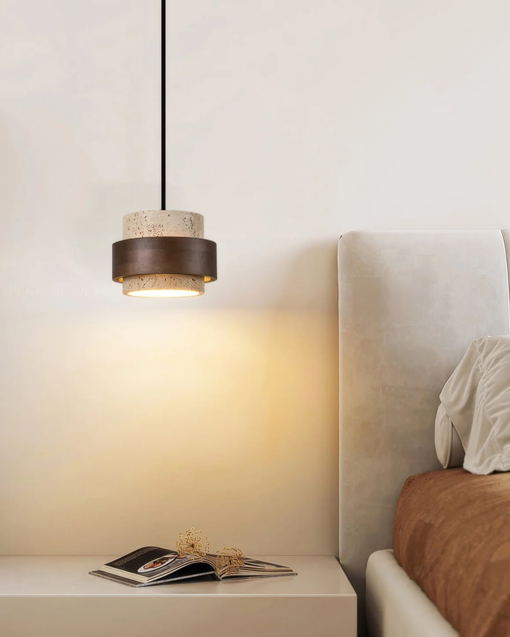 Pendant Ceiling Light - Vespera - Travertine Wood Mix - Soft Bedside Glow