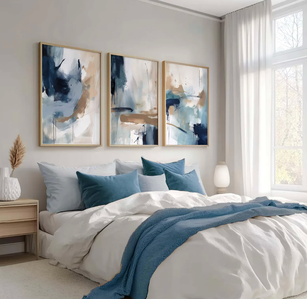 Dreamy Abstract Framed Wall Art Modern Canvas | Oak Framed Triptych