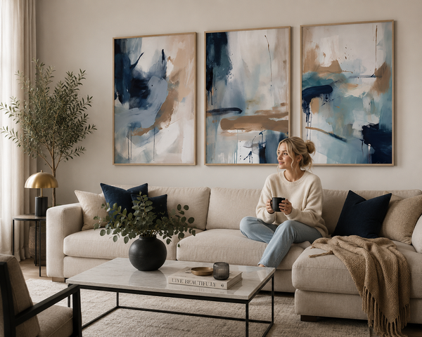 Dreamy Abstract Framed Wall Art Modern Canvas | Oak Framed Triptych