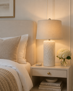Dune Weave | White Beaded Ceramic Table Lamp with Linen Shade