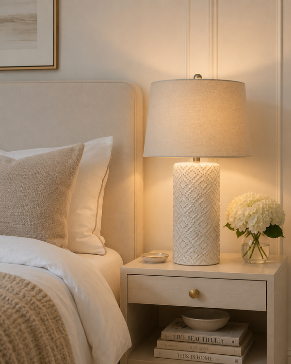 Dune Weave | White Beaded Ceramic Table Lamp with Linen Shade