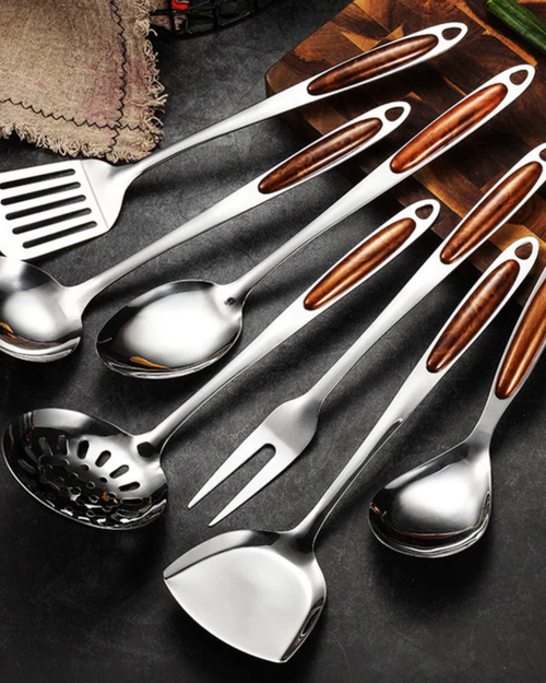 Kitchen Utensil Set - Steelora - Premium Stainless Tools - Wooden Grip Handles