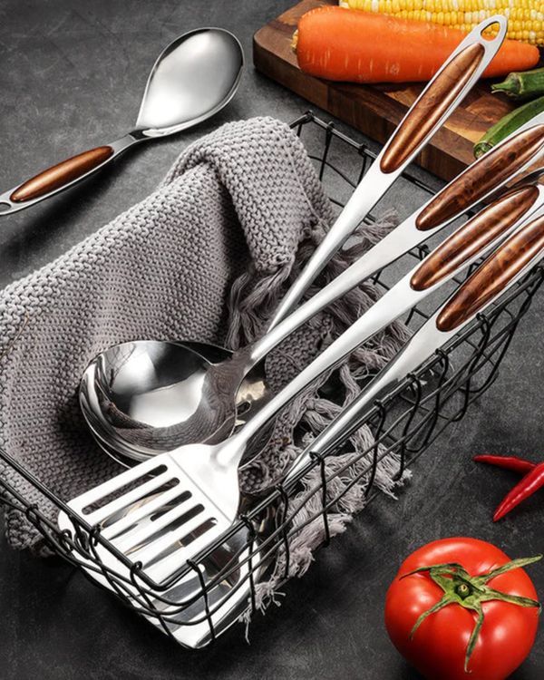 Kitchen Utensil Set - Steelora - Premium Stainless Tools - Wooden Grip Handles