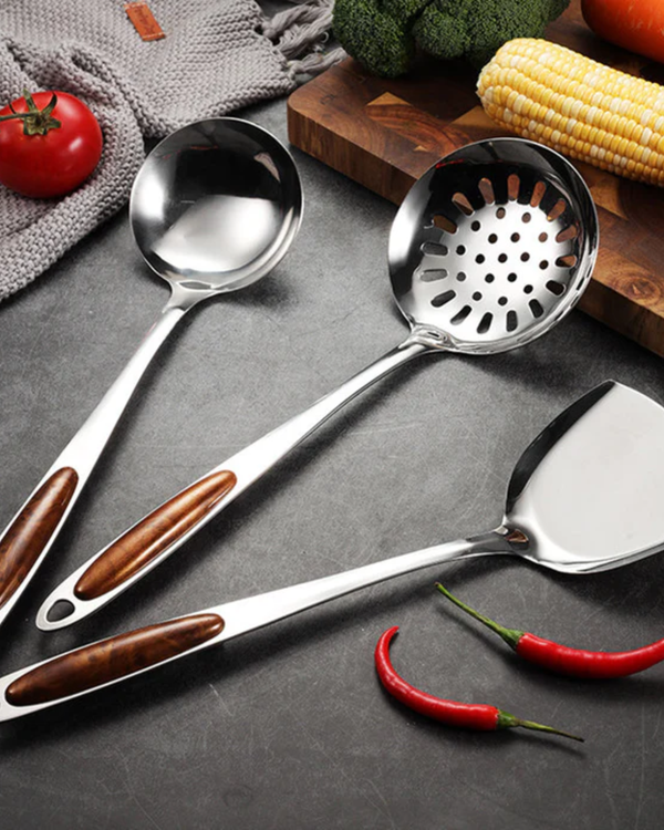 Kitchen Utensil Set - Steelora - Premium Stainless Tools - Wooden Grip Handles
