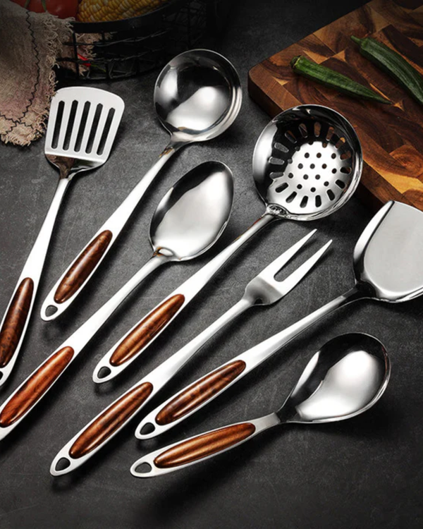 Kitchen Utensil Set - Steelora - Premium Stainless Tools - Wooden Grip Handles