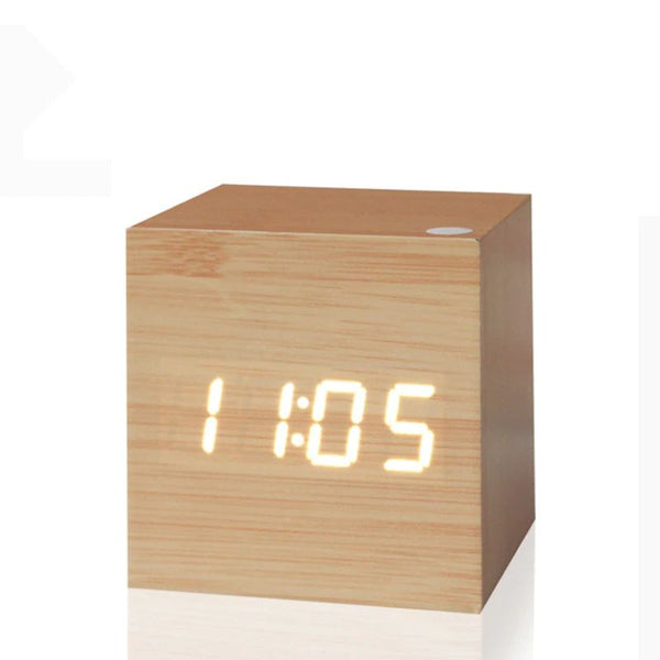Digital Desk Clock - Cubix - Bamboo Wood Design - Modern Timepiece