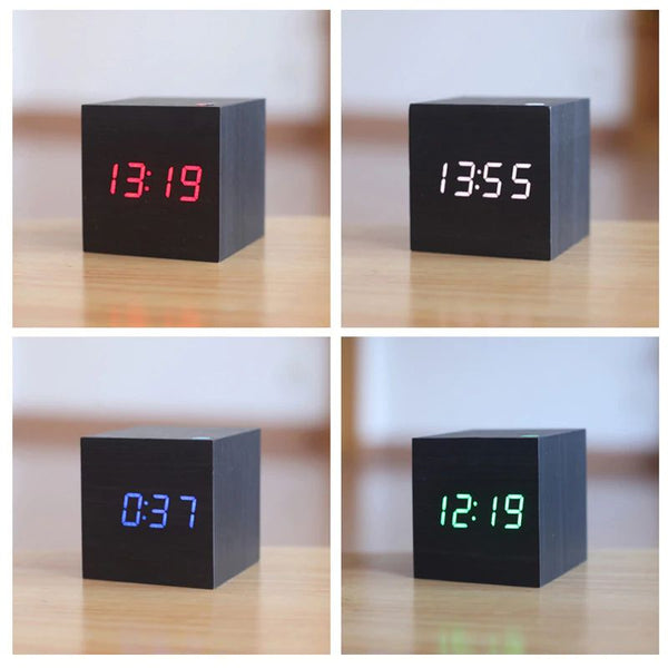 Digital Desk Clock - Cubix - Bamboo Wood Design - Modern Timepiece