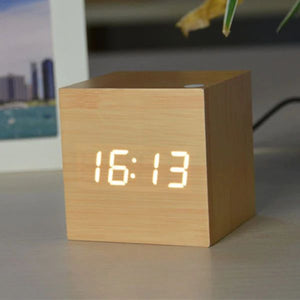 Digital Desk Clock - Cubix - Bamboo Wood Design - Modern Timepiece