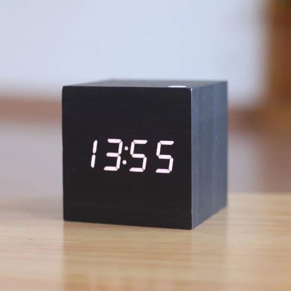 Digital Desk Clock - Cubix - Bamboo Wood Design - Modern Timepiece