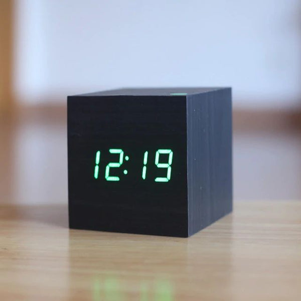 Digital Desk Clock - Cubix - Bamboo Wood Design - Modern Timepiece