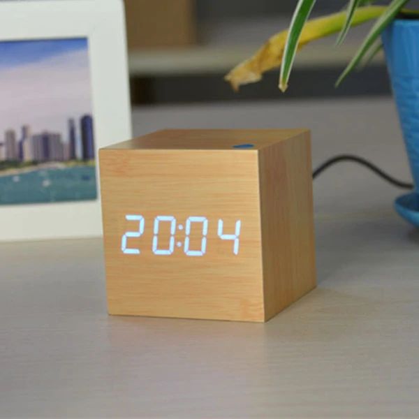 Digital Desk Clock - Cubix - Bamboo Wood Design - Modern Timepiece