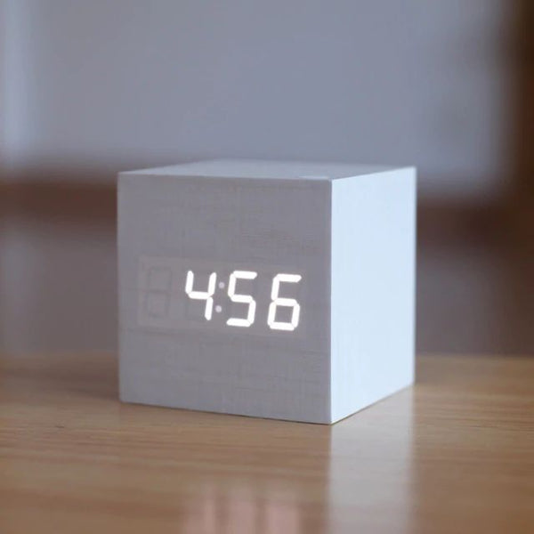 Digital Desk Clock - Cubix - Bamboo Wood Design - Modern Timepiece