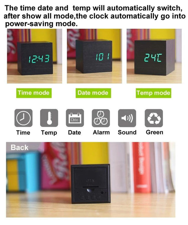 Digital Desk Clock - Cubix - Bamboo Wood Design - Modern Timepiece